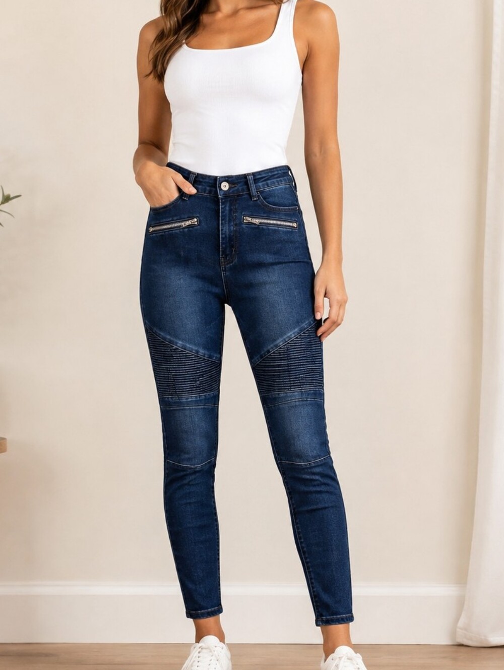 Missguided Sinner High Waist Skinny Biker Moto Jeans Dark Blue Size 6